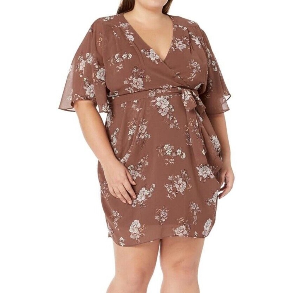 City Chic Dress Women's Size XXL 24 Plus Size Brown Faux-Wrap Fit & Flare Floral